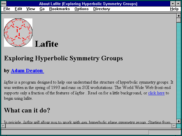 Screenshot of About Lafite (Exploring Hyperbolic Symmetry Groups)