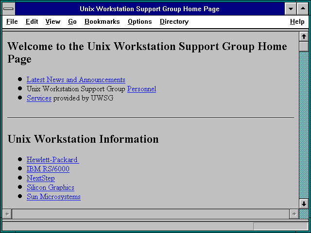 Screenshot of Unix Workstation Support Group Home Page