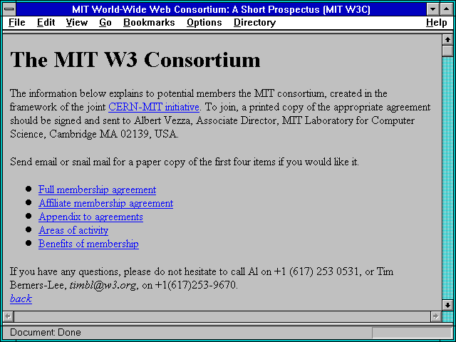 Screenshot of MIT World-Wide Web Consortium:A Short Prospectus (MIT W3C)