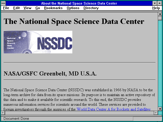 Screenshot of About the National Space Science Data Center
