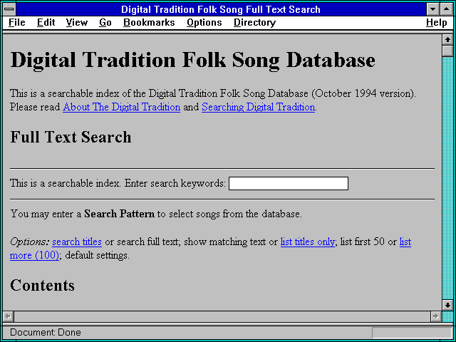 Screenshot of Digital Tradition Folk Song Full Text Search
