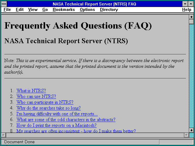 Screenshot of NASA Technical Report Server (NTRS) FAQ