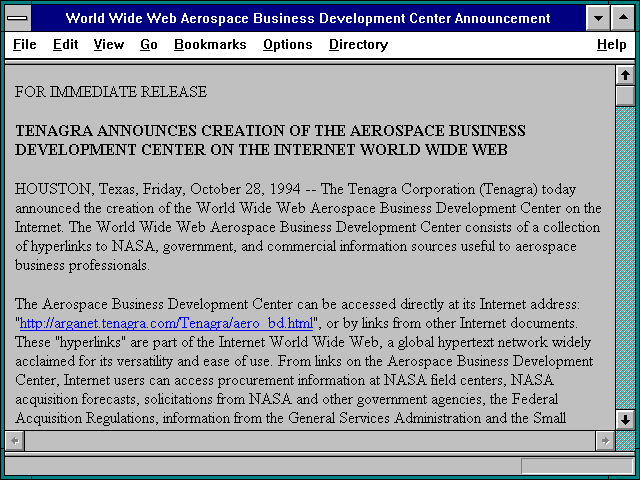 Screenshot of World Wide Web Aerospace Business Development Center Announcement