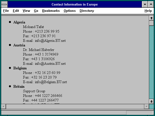Screenshot of Contact Information in Europe