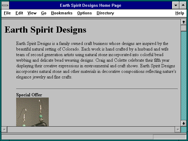 Screenshot of Earth Spirit Designs Home Page