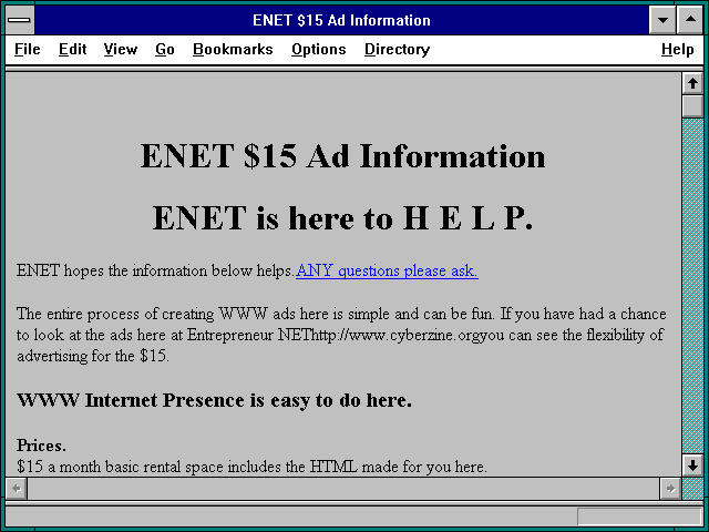 Screenshot of ENET $15 Ad Information