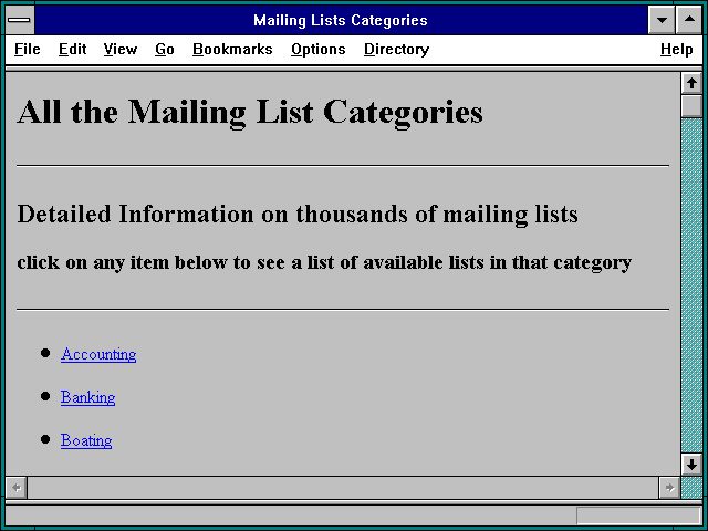 Screenshot of Mailing Lists Categories