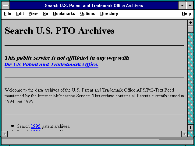 Screenshot of Search U.S. Patent and Trademark Office Archives