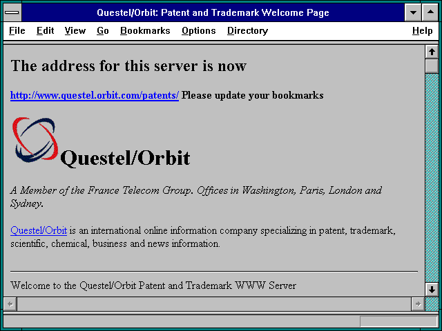 Screenshot of Questel/Orbit: Patent and Trademark Welcome Page