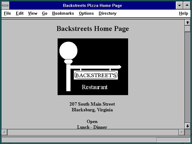 Screenshot of Backstreets Pizza Home Page