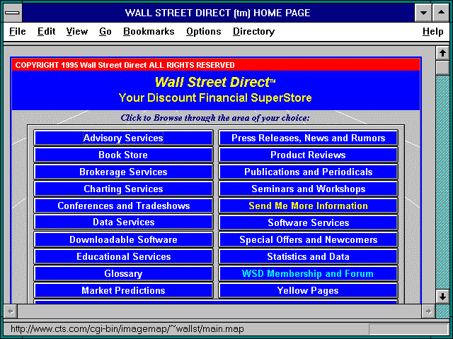 Screenshot of WALL STREET DIRECT (tm) HOME PAGE