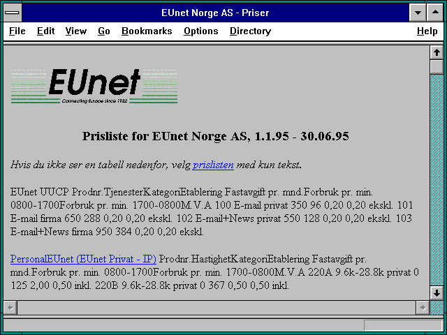 Screenshot of EUnet Norge AS - Priser