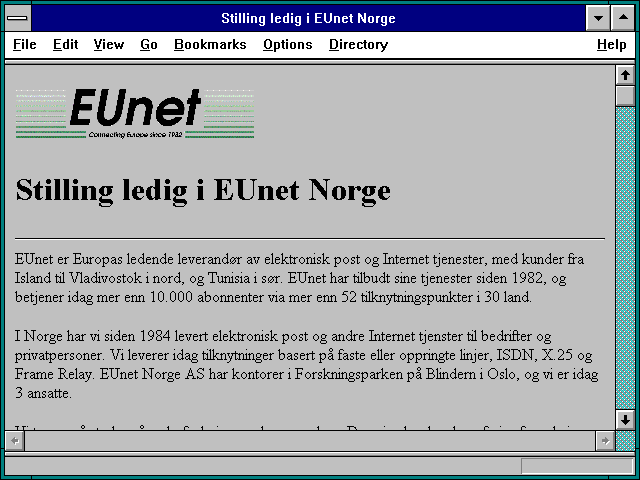 Screenshot of Stilling ledig i EUnet Norge