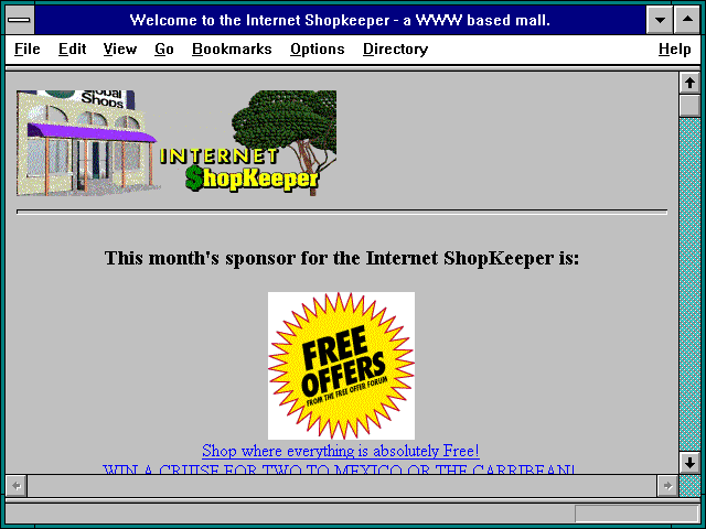 Screenshot of Welcome to the Internet Shopkeeper - a WWW based mall.