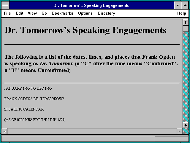 Screenshot of Dr. Tomorrow's Speaking Engagements