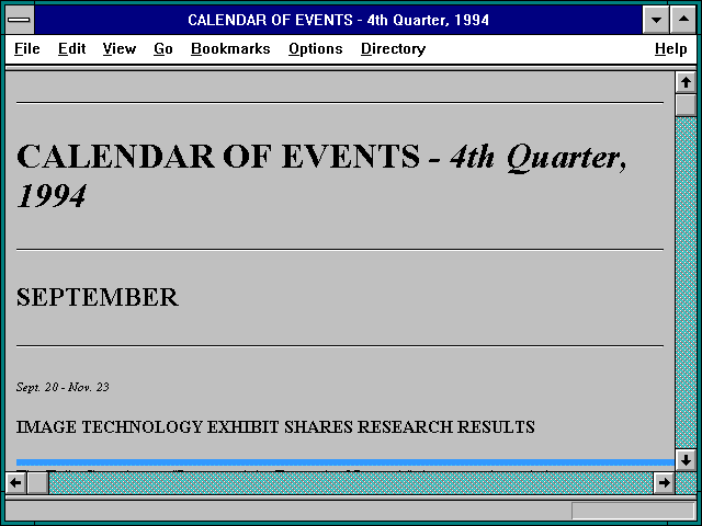 Screenshot of CALENDAR OF EVENTS - 4th Quarter 1994