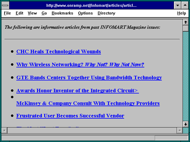 Screenshot of http://www.onramp.net//infomart/articles/articles.html