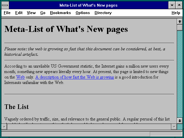 Screenshot of Meta-List of What's New pages