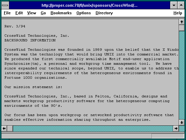 Screenshot of http://proper.com:70/0/unix/sponsors/CrossWind/crosswind-backgrounder