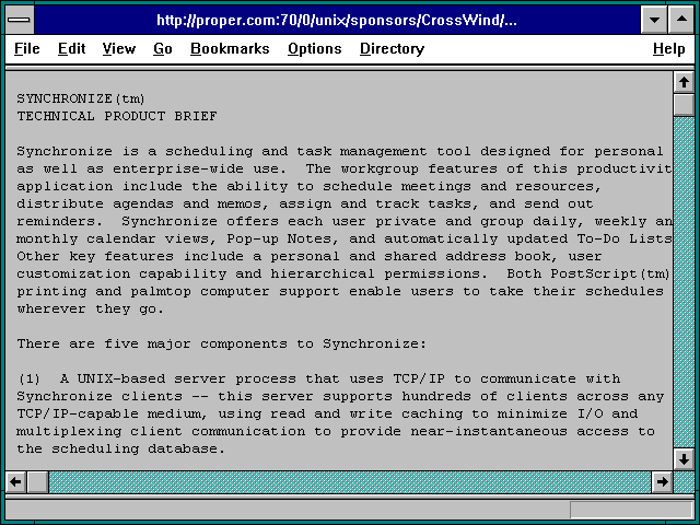 Screenshot of http://proper.com:70/0/unix/sponsors/CrossWind/sync-product-desc