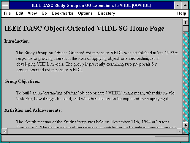 Screenshot of IEEE DASC Study Group on OO Extensions to VHDL (OOVHDL)