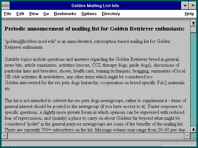 Screenshot of Golden Mailing List Info