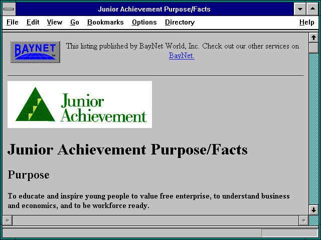 Screenshot of Junior Achievement Purpose/Facts