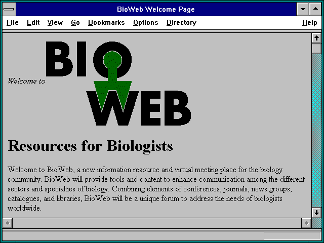 Screenshot of BioWeb Welcome Page