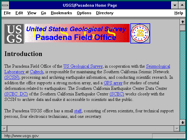 Screenshot of USGS/Pasadena Home Page