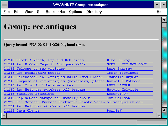 Screenshot of WWWNNTP Group: rec.antiques