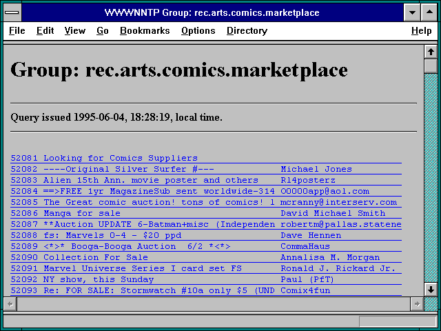 Screenshot of WWWNNTP Group: rec.arts.comics.marketplace