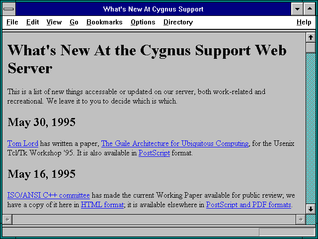 Screenshot of What's New At Cygnus Support