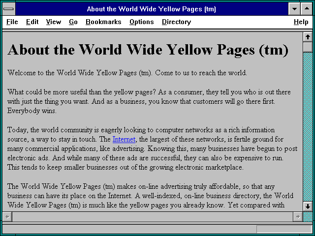 Screenshot of About the World Wide Yellow Pages (tm)
