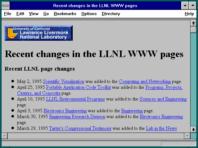 Screenshot of Recent changes in the LLNL WWW pages