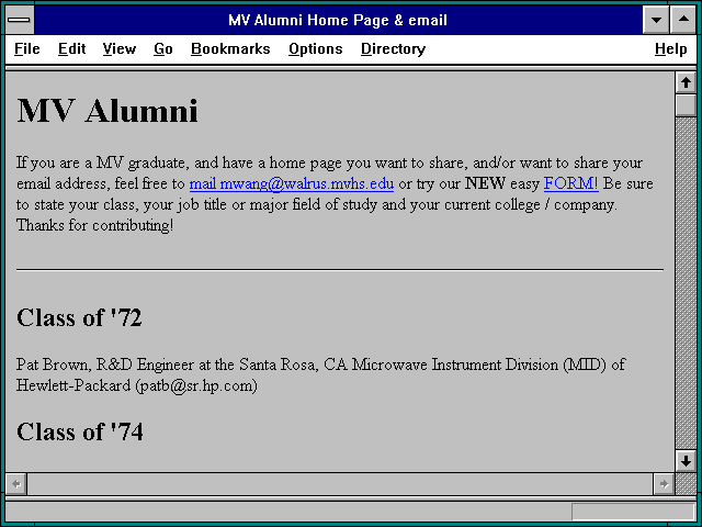 Screenshot of MV Alumni Home Page & email