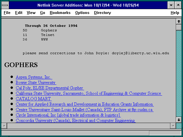 Screenshot of Netlink Server Additions: Mon 10/17/94 - Wed 10/26/94