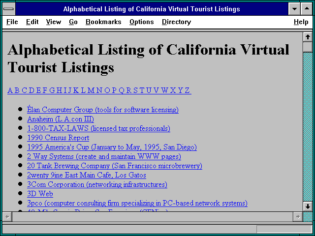 Screenshot of Alphabetical Listing of California Virtual Tourist Listings