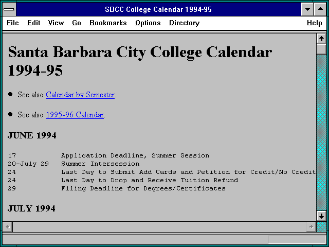 Screenshot of SBCC College Calendar 1994-95