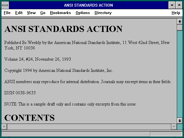 Screenshot of ANSI STANDARDS ACTION