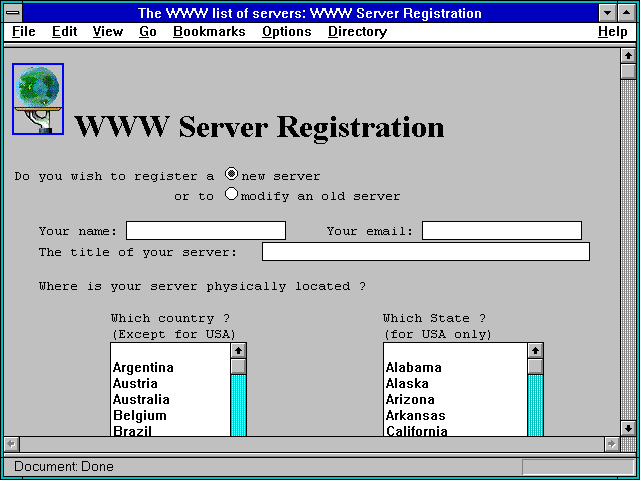 Screenshot of The WWW list of servers: WWW Server Registration