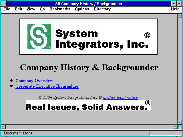 Screenshot of SII Company History / Backgrounder