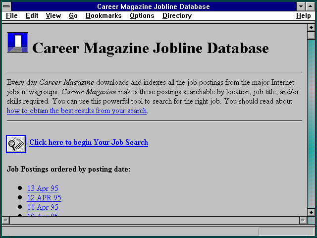 Screenshot of Career Magazine Jobline Database