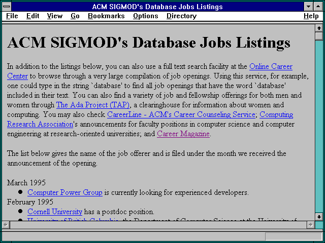 Screenshot of ACM SIGMOD's Database Jobs Listings