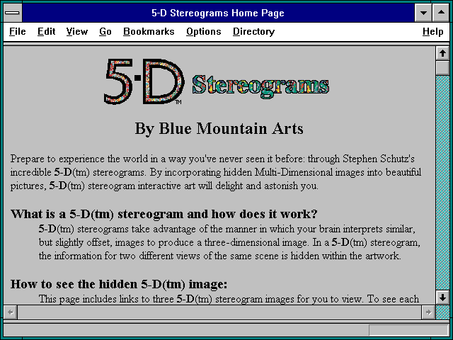 Screenshot of 5-D Stereograms Home Page
