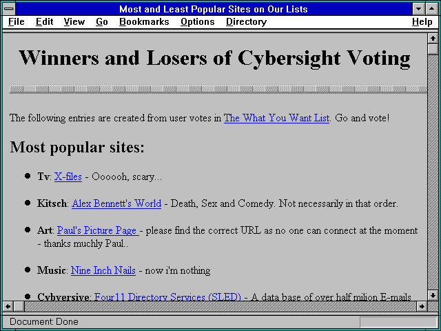 Screenshot of Most and Least Popular Sites on Our Lists