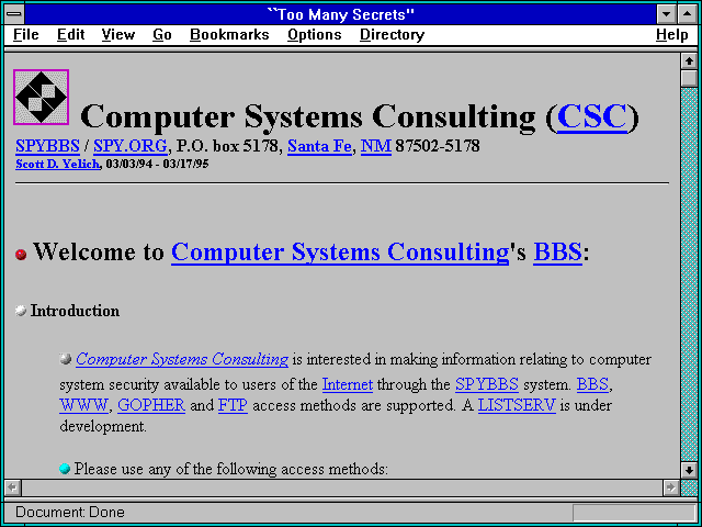 Screenshot of spy.org root menu