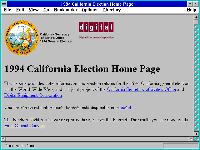 Screenshot of 1994 California Election Home Page