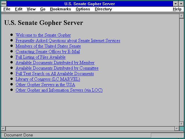 Screenshot of U.S. Senate Gopher Server