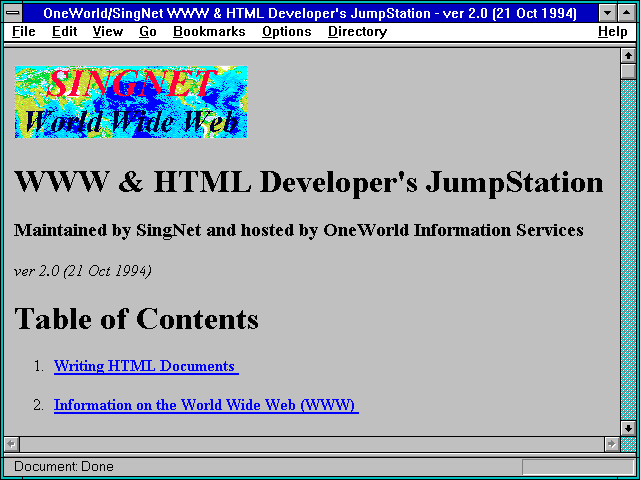 Screenshot of ld/SingNet WWW & HTML Developer's JumpStation - ver 2.0 (21 Oct 1994)