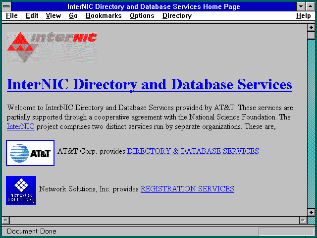 Screenshot of InterNIC Directory and Database Services Home Page